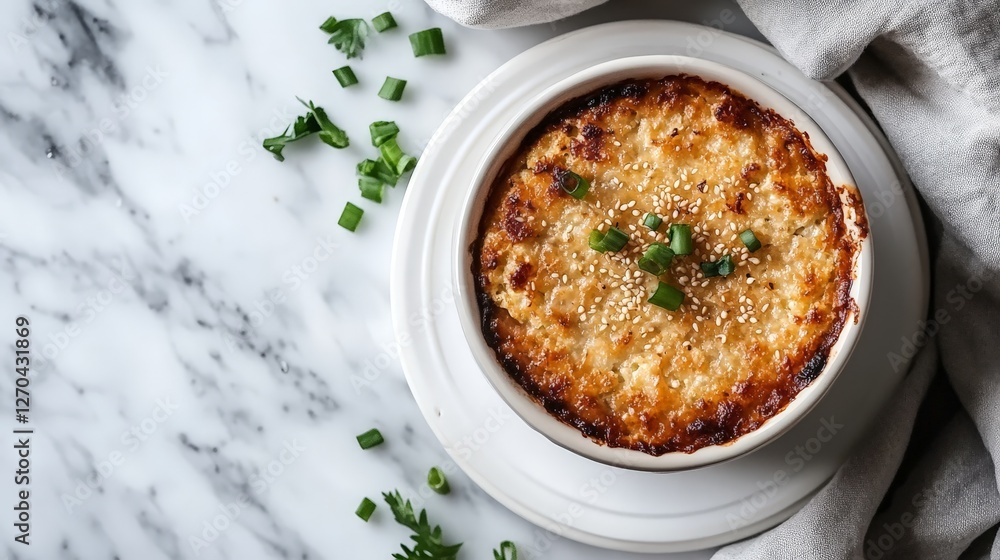 A baked dish topped with cheese and garnished with green onions on a marble surface. A baked dish topped with cheese and garnished with green onions on a marble surface.