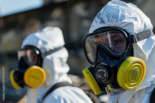 Close-up of two individuals wearing hazmat suits and respirators during a hazardous materials operation.