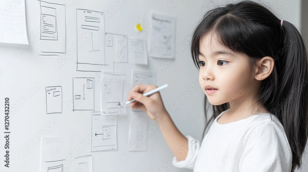 Young Prodigy's Vision: A bright-eyed child, pencil in hand, designs on a board, showcasing a unique perspective. Capturing creative thinking and curiosity Young Prodigy's Vision: A bright-eyed child, pencil in hand, designs on a board, showcasing a unique perspective. Capturing creative thinking and curiosity