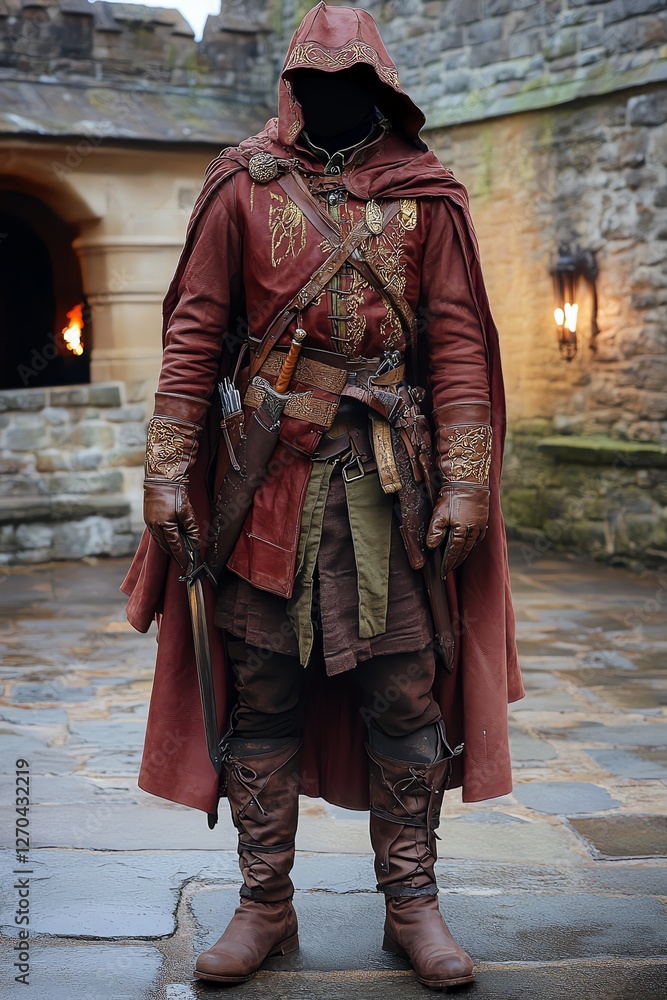 Mysterious Medieval Knight Standing Guard in Stone Courtyard with Sword Mysterious Medieval Knight Standing Guard in Stone Courtyard with Sword