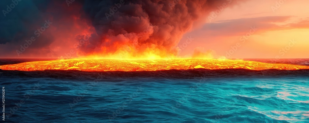 Volcanic landscapes idea. A stunning volcanic eruption creating a dramatic landscape over ocean waters.
