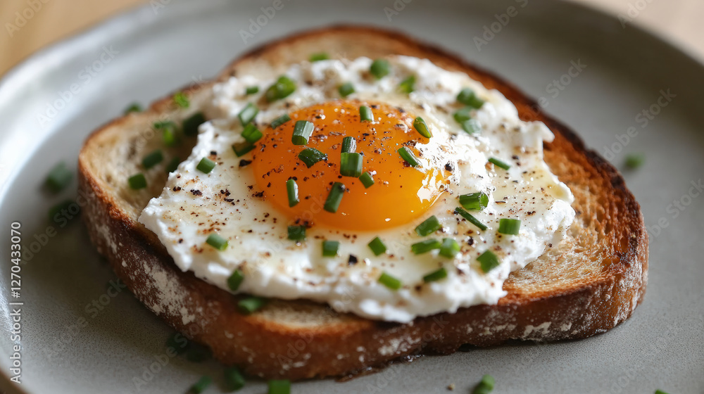 cozy slice of toast topped with fried egg, sprinkled with chives, and seasoned with pepper. This dish offers delightful breakfast experience cozy slice of toast topped with fried egg, sprinkled with chives, and seasoned with pepper. This dish offers delightful breakfast experience