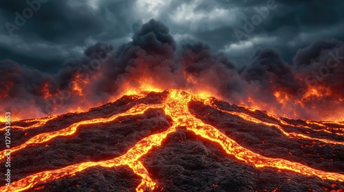 Volcanic landscapes concept. An erupting volcano spewing lava against a dramatic stormy sky.