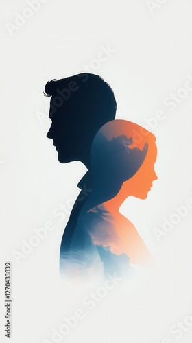 Silhouettes of man and woman facing opposite directions with double exposure effect of clouds and sky, creating serene and introspective mood