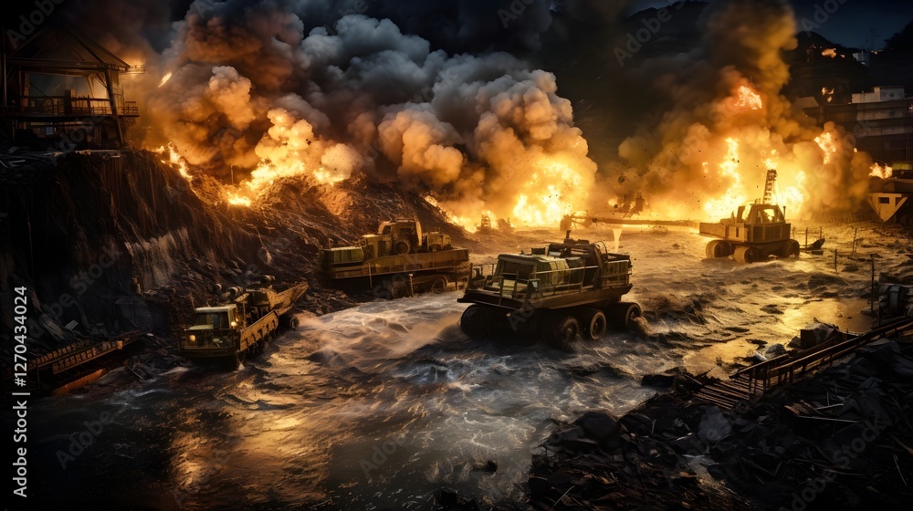 Gigantic Mining Site With Colossal Dump Trucks and Powerful Excavators in Intense to Extract Raw Materials and Resources from the Earth Gigantic Mining Site With Colossal Dump Trucks and Powerful Excavators in Intense to Extract Raw Materials and Resources from the Earth