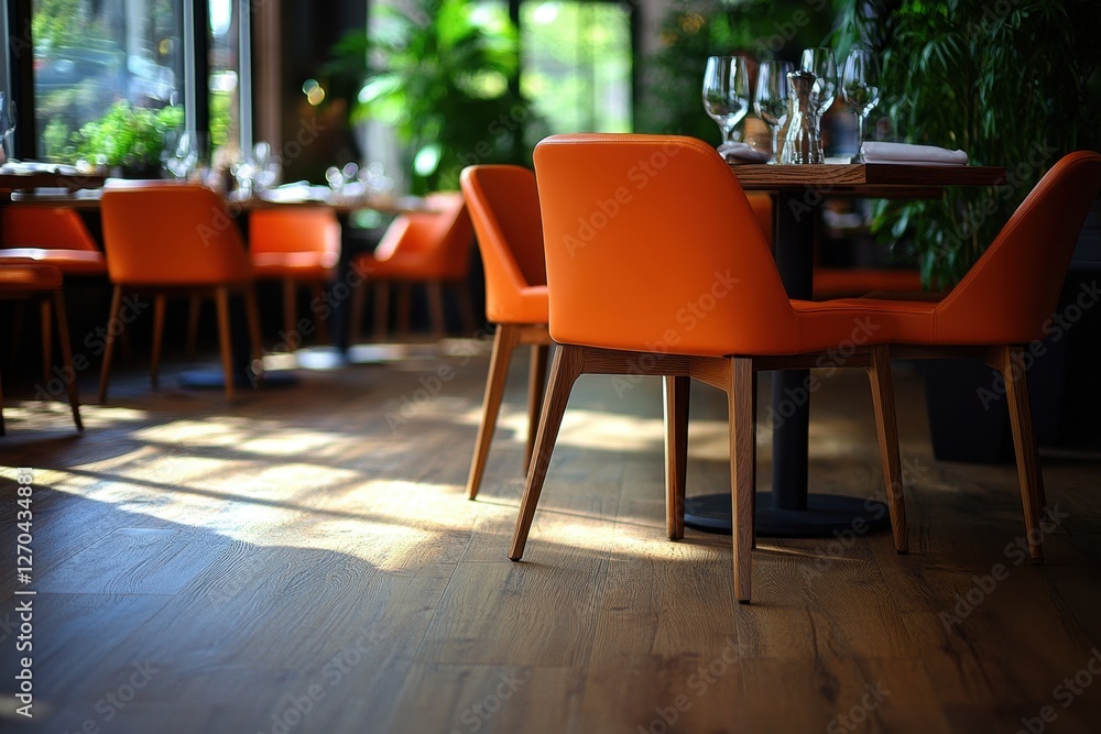 Fototapeta premium Modern restaurant interior with orange chairs. Perfect for showcasing upscale dining or hospitality.