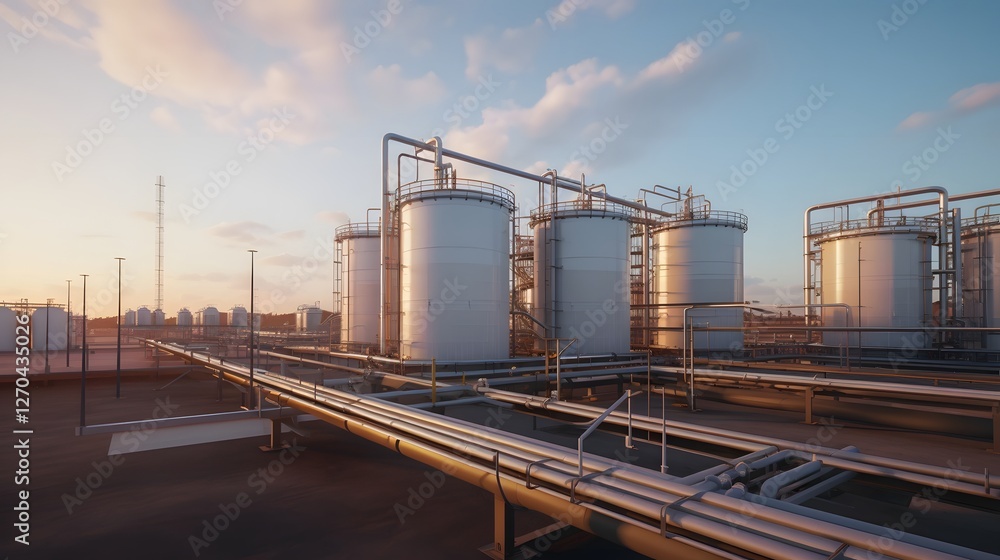 Aerial view of a gigantic liquefied natural gas LNG processing plant with large storage tanks and extensive industrial equipment Aerial view of a gigantic liquefied natural gas LNG processing plant with large storage tanks and extensive industrial equipment