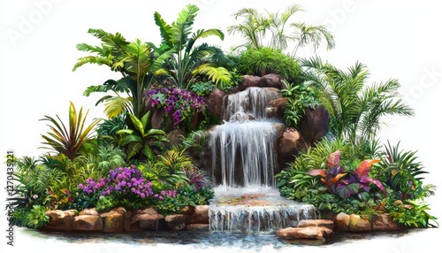 Lush Tropical Waterfall Oasis Surrounded by Vibrant Greenery and Exotic Flowers in a Tranquil Setting