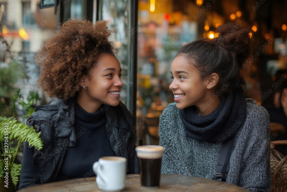 Two young women enjoying coffee and conversation at a cafe Two young women enjoying coffee and conversation at a cafe