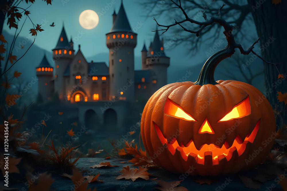 Halloween pumpkin lattern with medieval castle on background Halloween pumpkin lattern with medieval castle on background