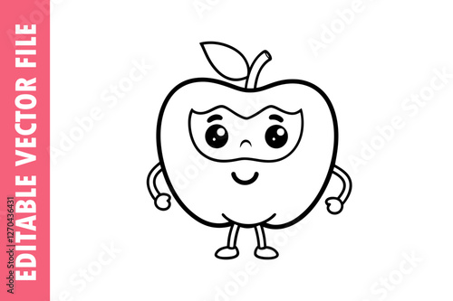Cute Superhero teacher Apple line art Cartoon vector, Fun Black and White Clip art for Kids and Coloring Pages