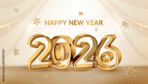 Happy new year 2026 with silver metallic numbers and snowflakes on golden background.