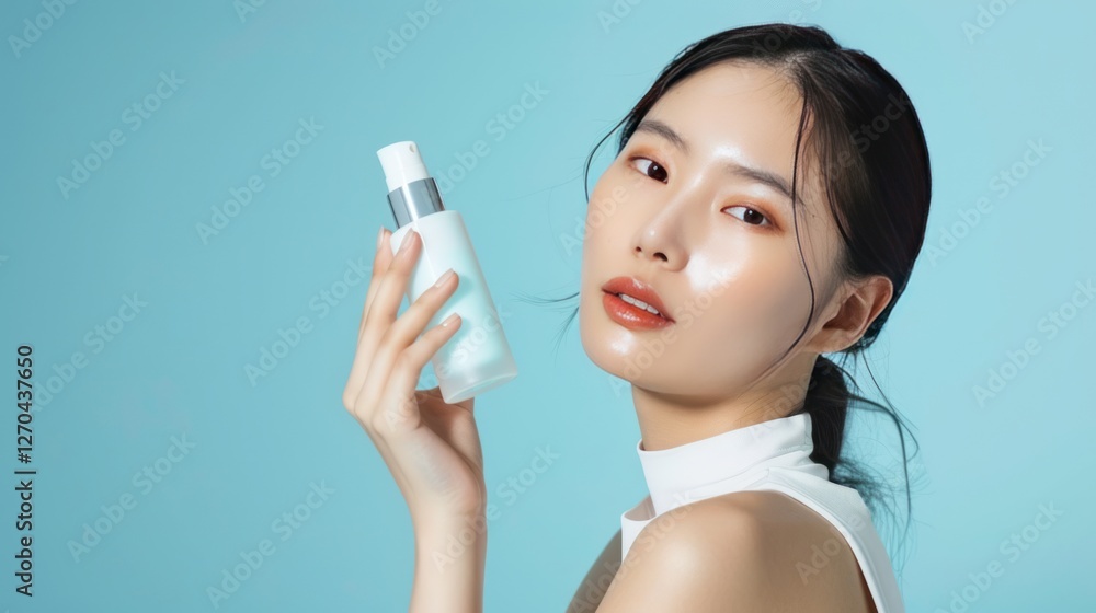 Woman holding serum, blue background, skincare ad Woman holding serum, blue background, skincare ad