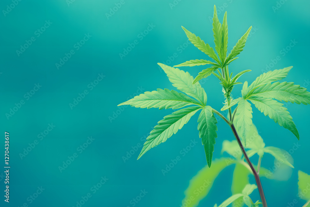 Cannabis plant with vibrant green leaves leaf on green pastel background. Natural growth and medicinal concept. Organic growth medicinal properties and natural wellness applications of marijuana.	