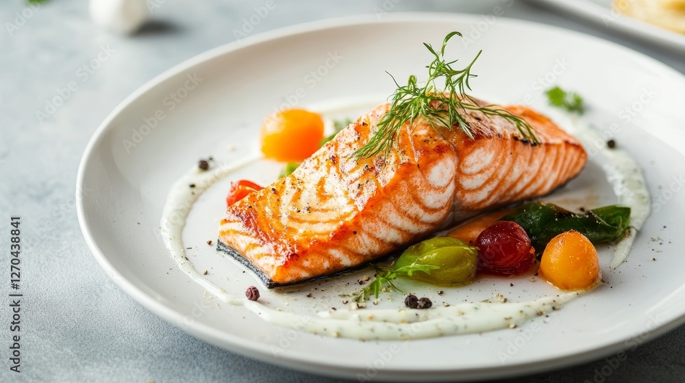 Salmon steak on white plate restaurant five star style, food photography. Salmon steak on white plate restaurant five star style, food photography.