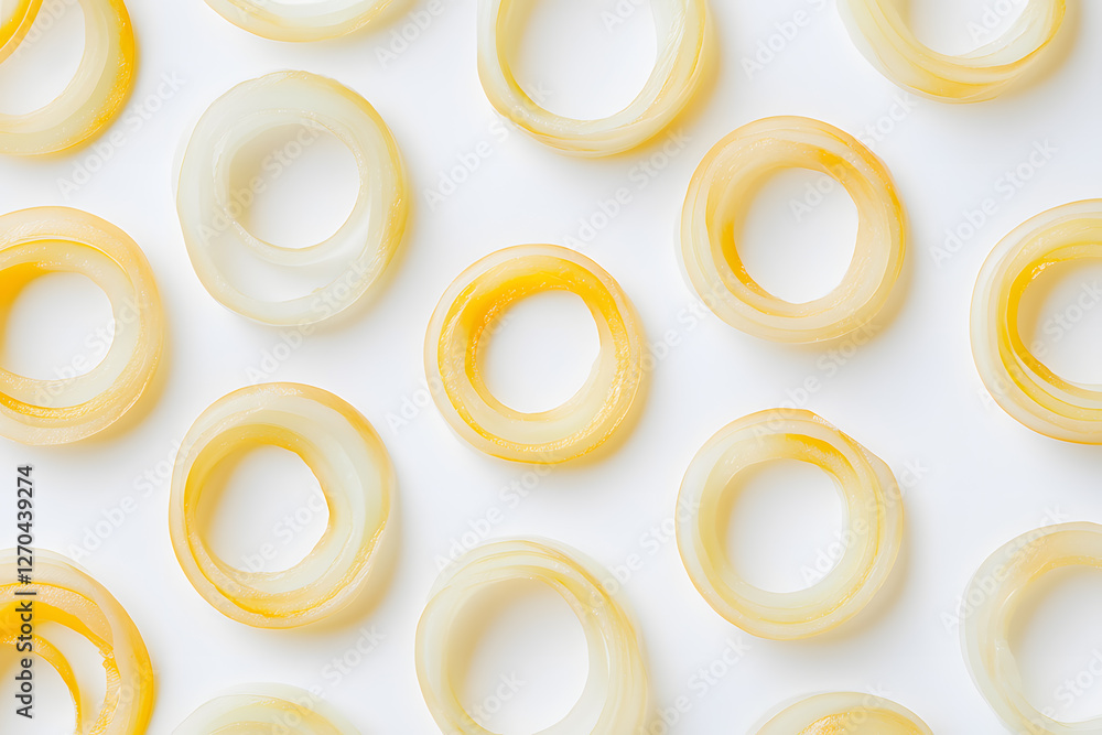 Thinly sliced onion rings fry arranged in visually appealing pattern highlighting their translucent layers and natural texture on white background. Vegetables for cooking and food photography concept.