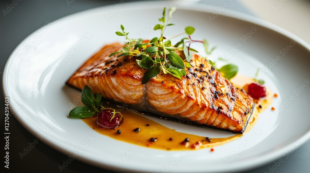 Salmon steak on white plate restaurant five star style, food photography. Salmon steak on white plate restaurant five star style, food photography.
