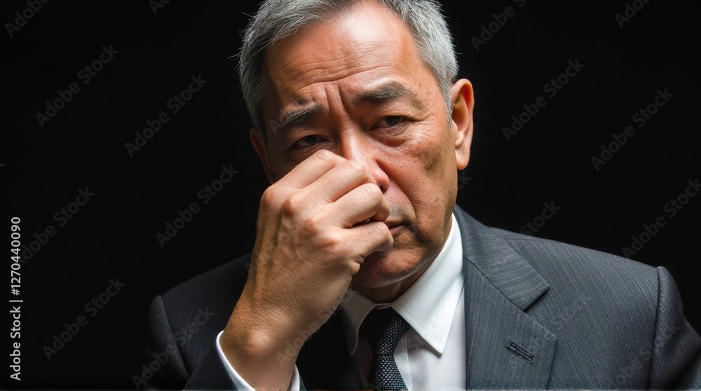 Thoughtful mature man in a suit expresses contemplation with a serious expression against a dark background Thoughtful mature man in a suit expresses contemplation with a serious expression against a dark background