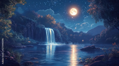 Mystical waterfall cascading under moonlit sky with twinkling stars above