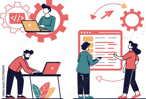 People concept. Set of vector illustration Software development, coding team, programming frontend backend framework, debugging algorithm, testing or deployment concept.