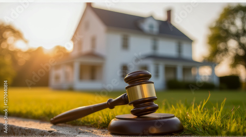 Elegant gavel rests on the pavement with a picturesque house in the background during golden hour, symbolizing real estate and legal transactions