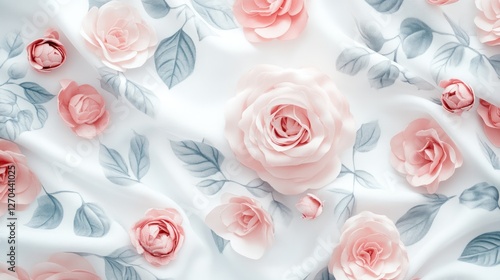Pink roses on silk fabric background.