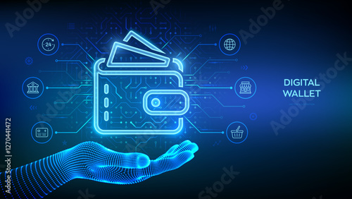 Digital wallet icon in wireframe hand. E-wallet. Online payment by digital wallet. Online banking service application. Mobile banking, money transaction, e-commerce. Vector illustration.