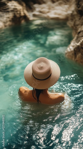 Relaxing in a serene pool under the warm sun surrounded by trees