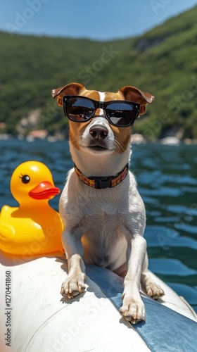 Dog in sunglasses enjoys a sunny day on a float with a rubber duck