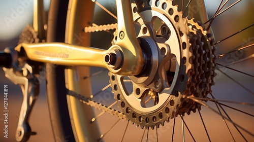 Close up macro shot showcasing the intricate mechanism of a bicycle s front derailleur as it shifts between the chainrings photo