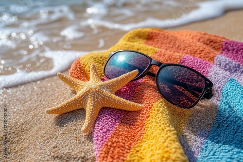 Sunny beach day with sunglasses and starfish on colorful towel