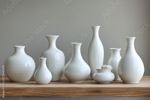 White ceramic vases arranged on a wooden table in a modern interior design se...