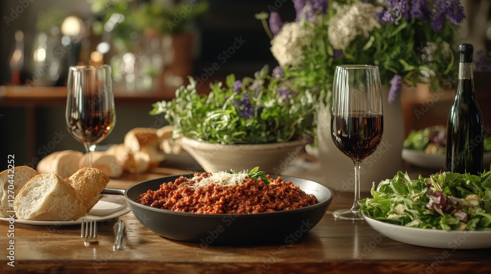 A beautifully arranged dining table featuring a hearty meal, wine, and fresh salad. A beautifully arranged dining table featuring a hearty meal, wine, and fresh salad.