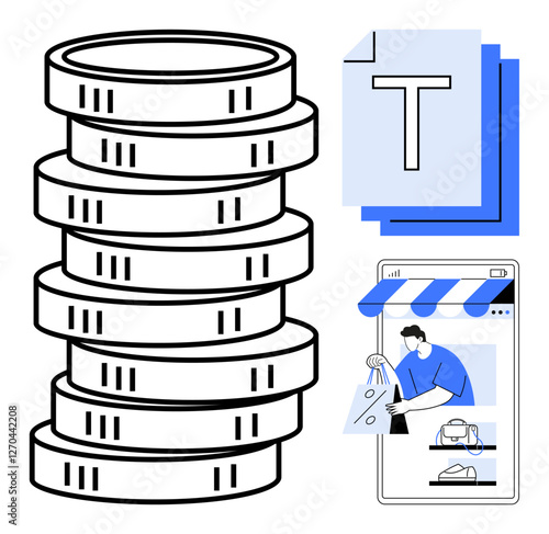 Stacked coins, document files, and a person shopping via mobile app. Ideal for finance, e-commerce, online shopping, digital transactions, financial growth, business management wealth generation