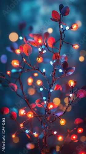 Winter evening in a park with illuminated tree and tranquil water reflections...