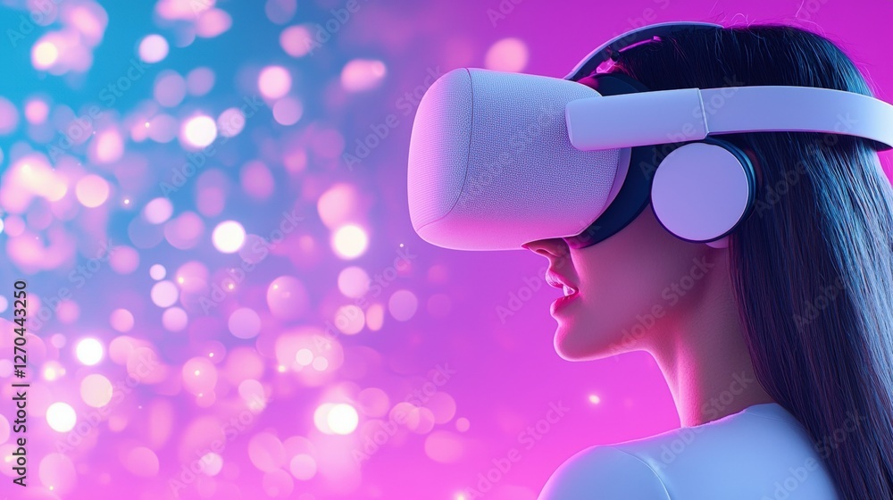 A woman wearing a virtual reality headset, immersed in a colorful, dreamy atmosphere filled with sparkling lights. A woman wearing a virtual reality headset, immersed in a colorful, dreamy atmosphere filled with sparkling lights.