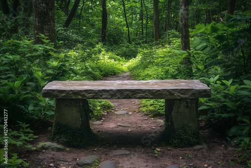 Serene stone bench by a winding path in a lush green forest during midday
