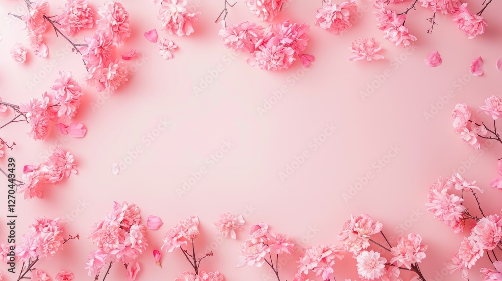 Pink cherry blossoms frame, pastel background, spring design, flatlay