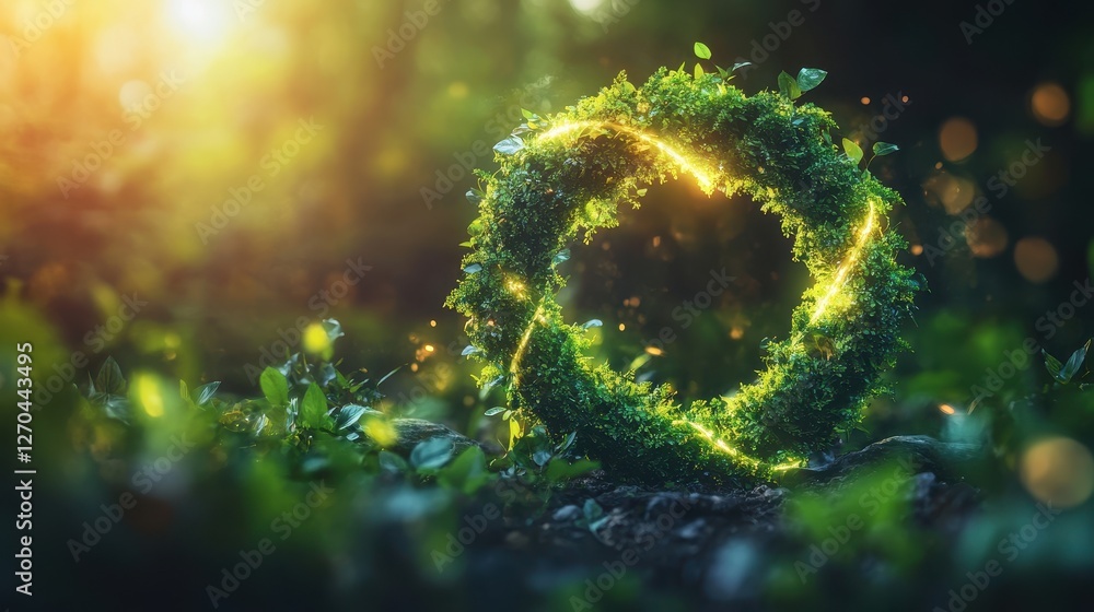 Fototapeta premium Sustainable Businesses A vibrant, circular economy icon, symbolizing eternity and infinite growth, against a backdrop of lush, sustainable nature. The concept highlights the balance between economic