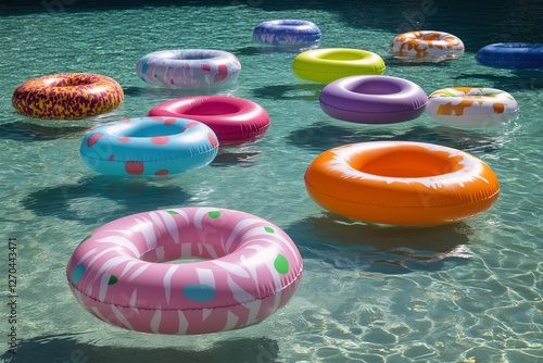 Colorful floaties create a vibrant atmosphere in a sunny swimming pool during...