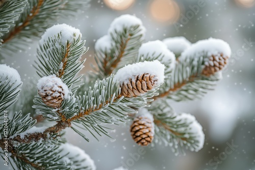 Snow-covered pine branches create a serene winter landscape in a snowy forest...