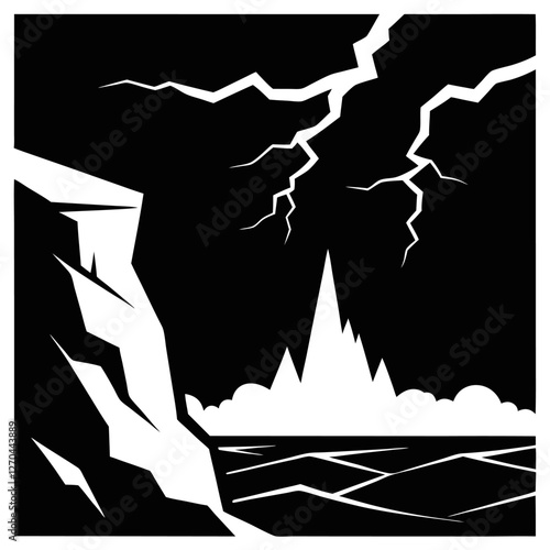 "A violent sea under a pitch-black sky, waves crashing with fierce energy. The jagged cliffs stand tall, barely visible in the mist, as lightning splits the sky in stark contrast." silhouette vector a