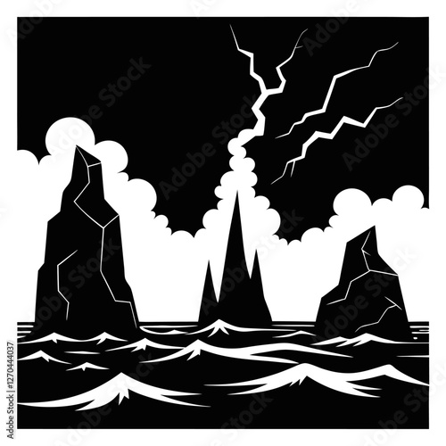 "A violent sea under a pitch-black sky, waves crashing with fierce energy. The jagged cliffs stand tall, barely visible in the mist, as lightning splits the sky in stark contrast." silhouette vector a