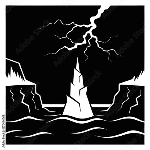 "A violent sea under a pitch-black sky, waves crashing with fierce energy. The jagged cliffs stand tall, barely visible in the mist, as lightning splits the sky in stark contrast." silhouette vector a