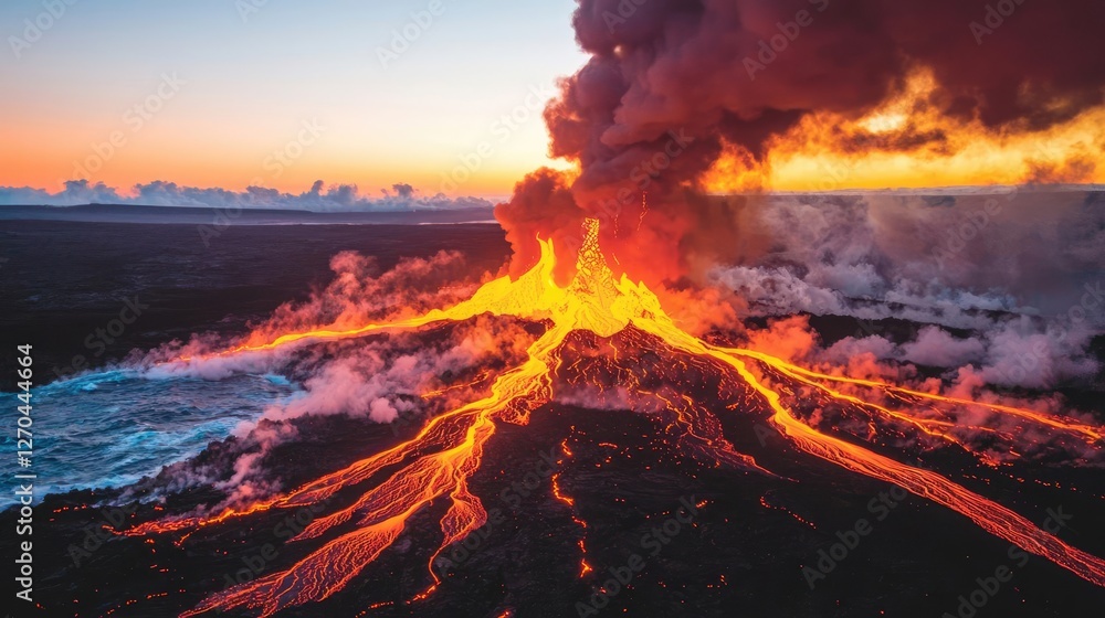 Volcanic landscapes idea. A captivating view of an erupting volcano at sunset, showcasing lava flows and smoke. Volcanic landscapes idea. A captivating view of an erupting volcano at sunset, showcasing lava flows and smoke.