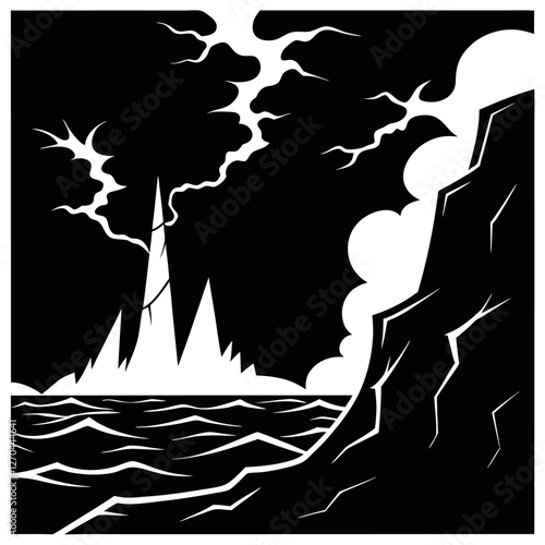 "A violent sea under a pitch-black sky, waves crashing with fierce energy. The jagged cliffs stand tall, barely visible in the mist, as lightning splits the sky in stark contrast." silhouette vector a
