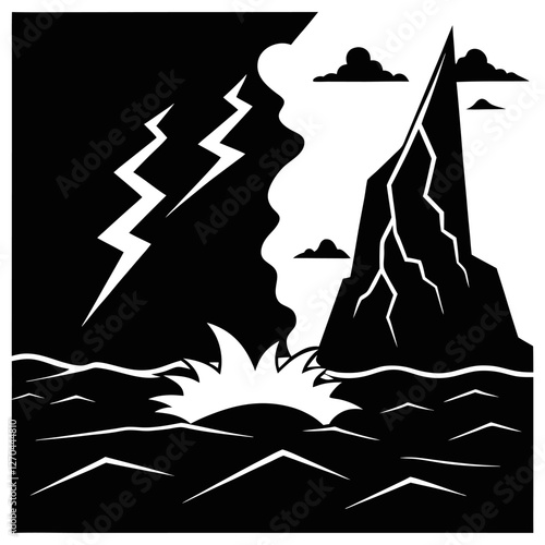 "A violent sea under a pitch-black sky, waves crashing with fierce energy. The jagged cliffs stand tall, barely visible in the mist, as lightning splits the sky in stark contrast." silhouette vector a