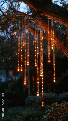 Bright hanging lights illuminate a tree in a garden during twilight