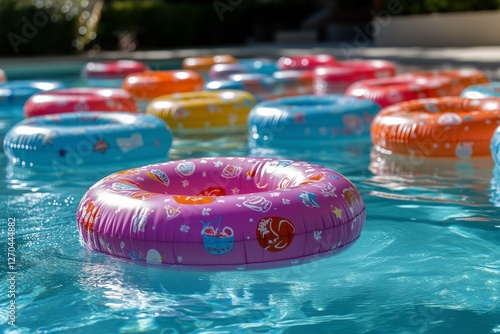 Colorful floaties create a vibrant atmosphere in a sunny swimming pool during...