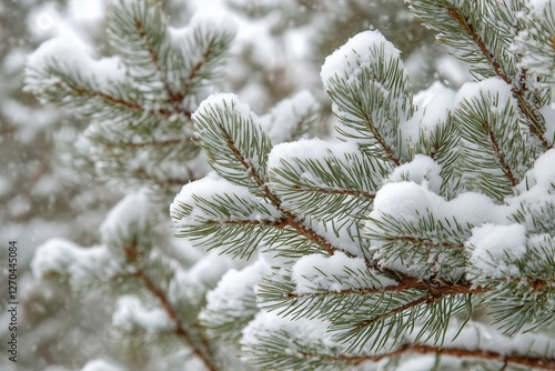 Snow-covered pine branches create a serene winter landscape in a snowy forest...